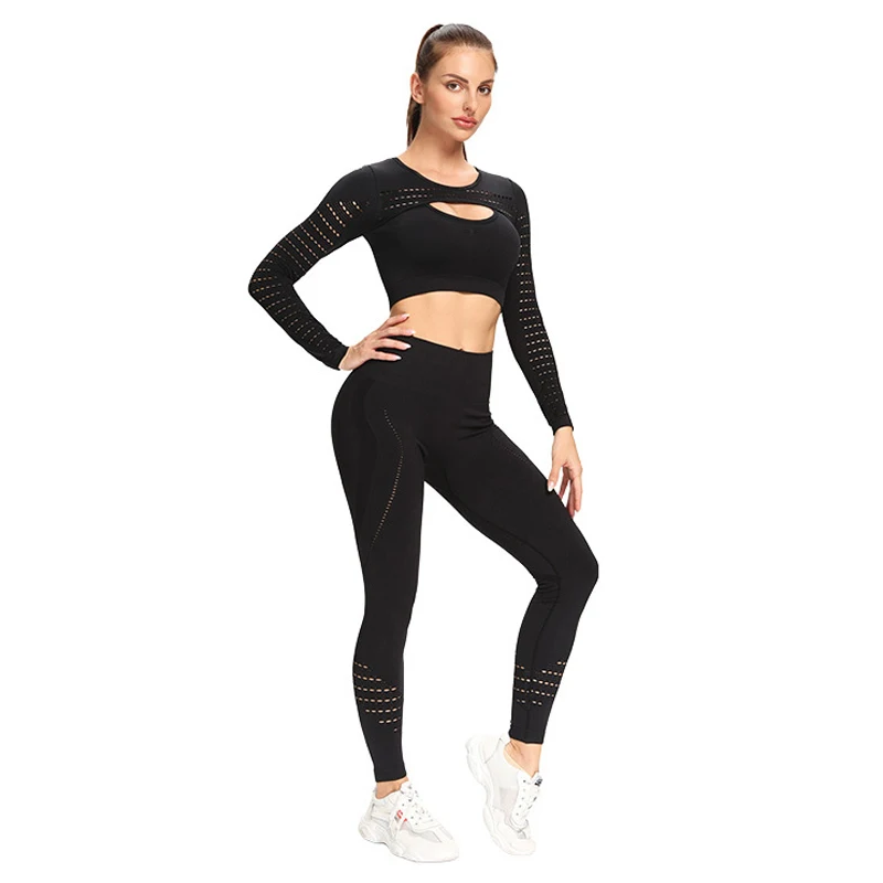 Hule Ud Problemfri Yoga Sæt med Lange Ærmer Træning Tøj Til Kvinder Sport Leggings+Trænings-og Afgrøde Top Fitness Tøj 2stk sportstøjet
