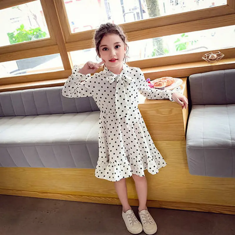 Humor Bære Pige Kjoler Korea Mode Chiffon Prikker Lange Ærmer Børn, Prinsesse Kjole Elegant Bue Kids Dress Børn Tøj