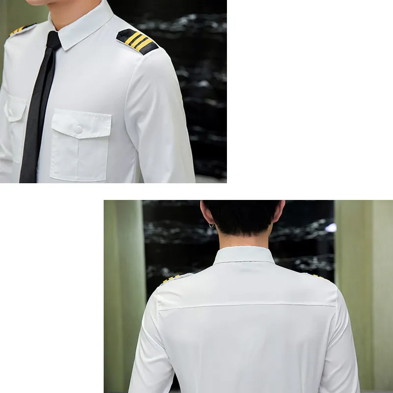 Hvid Flyselskab Pilot Uniformer Shirts til Mænd 2021 Efteråret langærmet Slim Fit Casual Skjorter til Mænd Kontor Arbejdstøj Beklædning