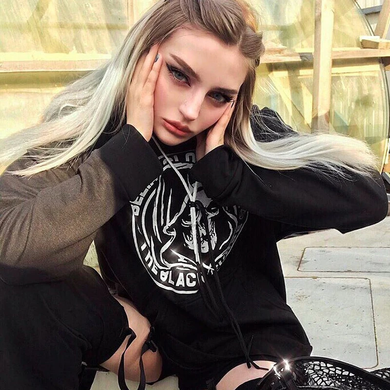 Hættetrøjer til Kvinder Efteråret Gotiske Sweatshirts Grunge Punk 2020 Hoodie Brev Knogle Print langærmet Trøjer til Kvinder Tøj
