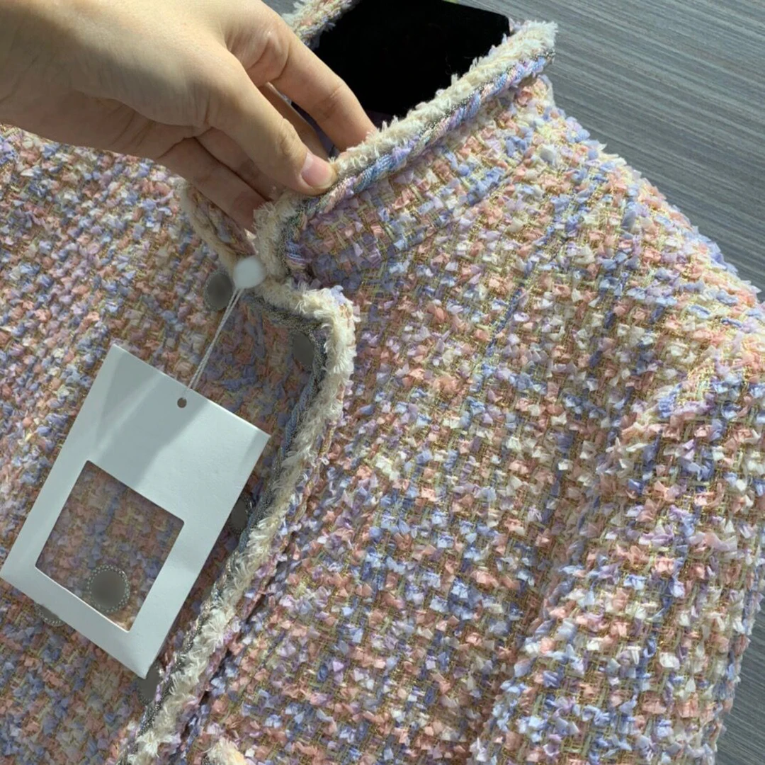 Høj Kvalitet Pink Plaid Tweed Jakke Frakke Kvinder Vintage Kontrast Farve Diamant-Knappen Kæde Silke Foring Elegant Sød Frakker