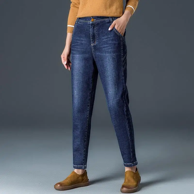 Høj Kvalitet Tykkere Vinter Jeans Kvinde Varm Fløjl Høj Talje Plus Size Denim haremsbukser til Kvinder Casual Løse Bukser