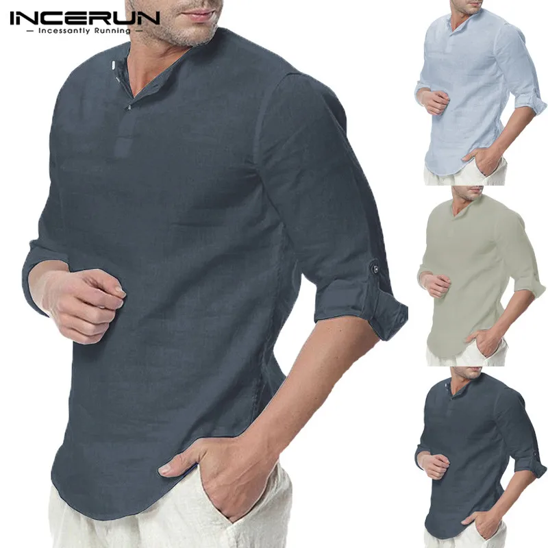 INCERUN Mænd Shirt med Lange Ærmer Bomuld Slim Fit Solid Mænd Casual Bluse Grundlæggende Shirt 2021 Streetwear Mandlige Pullovere Camisa S-5XL