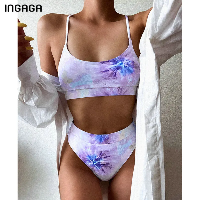 INGAGA Høj Talje Bikini Badetøj Rem Badetøj Kvinder Gradient Biquini Bandeau Badende badetøj 2021 Nye Bikini Sæt