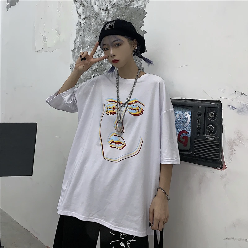 Ins kort-langærmet casual nye koreanske version af løs personlighed stående udskrivning Harajuku vilde mode bomuld T-shirt tidevandet