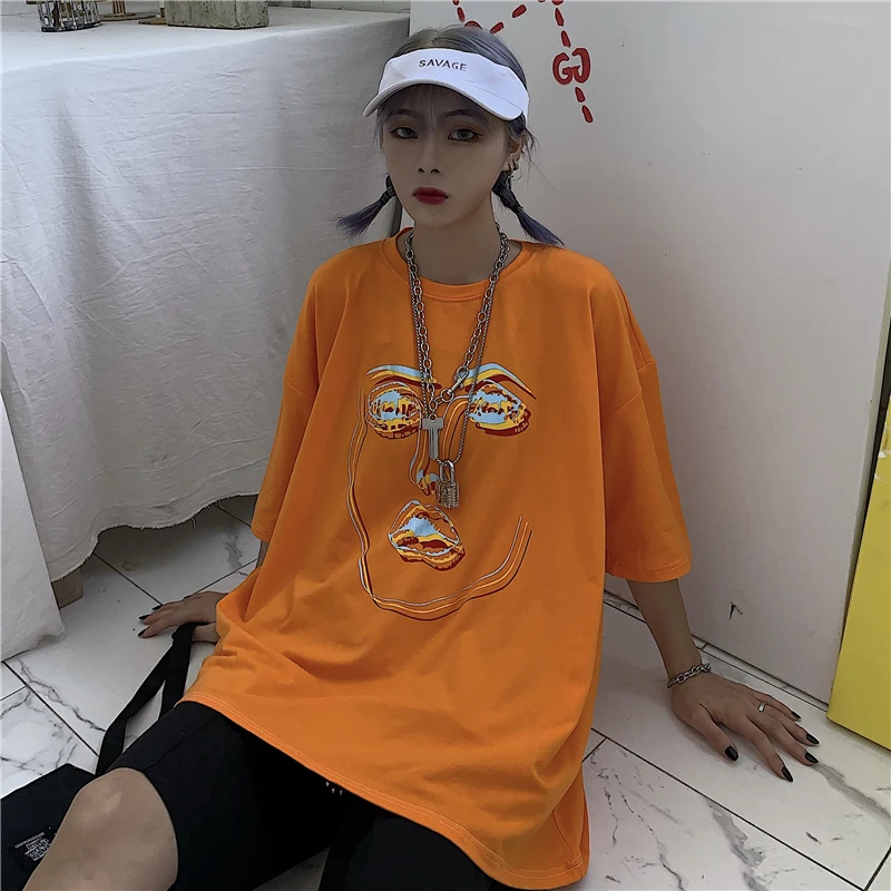 Ins kort-langærmet casual nye koreanske version af løs personlighed stående udskrivning Harajuku vilde mode bomuld T-shirt tidevandet