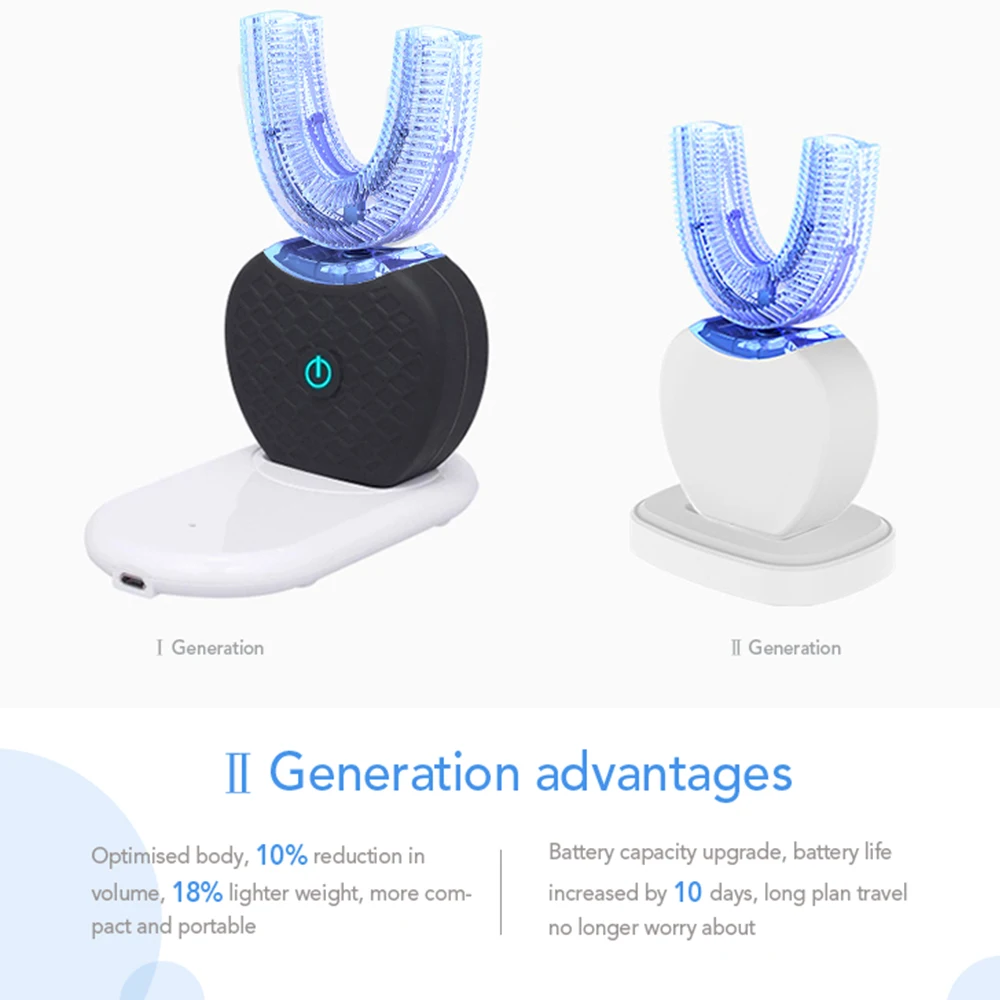 Intelligent Automatisk Sonic Elektrisk Tandbørste 360 Grader Silikone U Type Hoved USB-Genopladelige Voksne 4 Mode Timer Blåt Lys