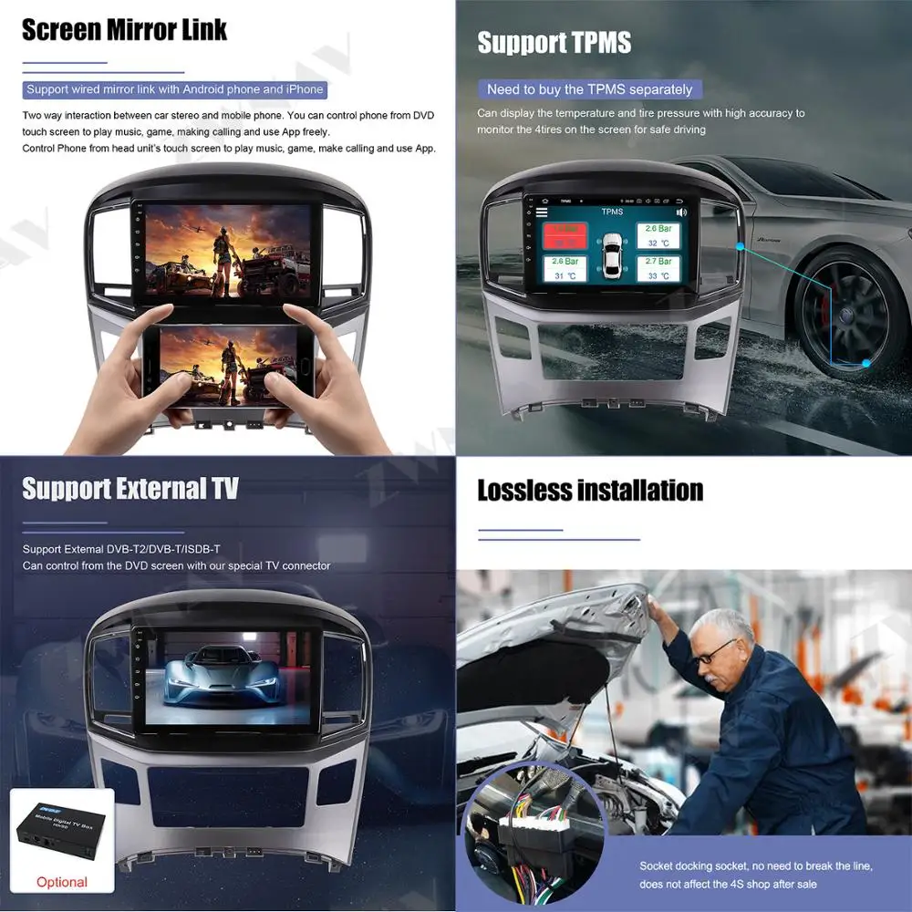 IPS Android 9.0 car multimedia afspiller Til Hyundai H1 2016 2017-2019 GPS Glonass-navigation, radio stereo head unit wifi gratis kort