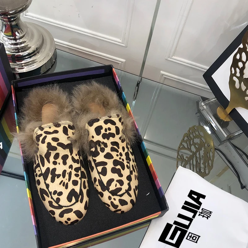 Italienske vinter 2020new kanin hår casual kvinders sko top læder leopard print fladskærms nederste halvdel tøfler høj kvalitet