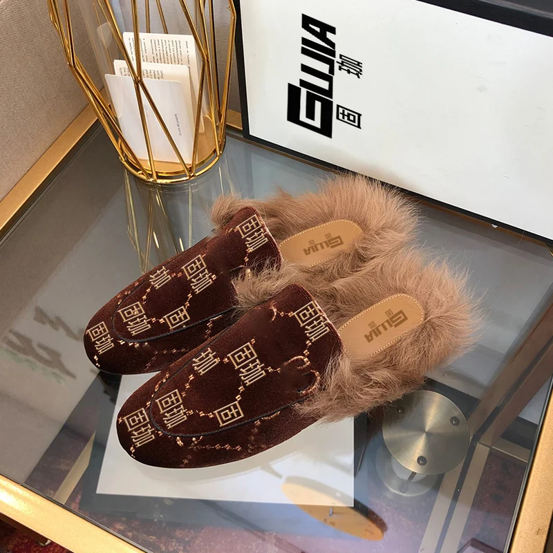 Italienske vinter 2020new kanin hår casual kvinders sko top læder leopard print fladskærms nederste halvdel tøfler høj kvalitet