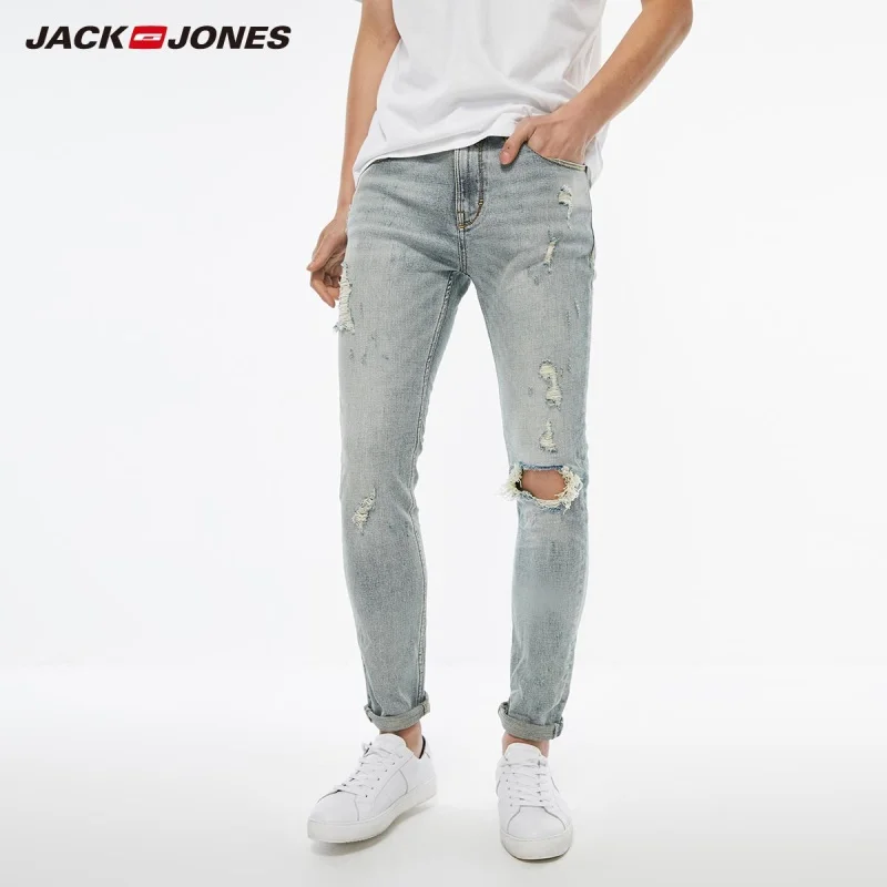 JackJones Mænds Ødelagt Hul Slim Fit Jeans Vintage Vasket Tynde Rippet Mænds Jeans Herretøj|219332567