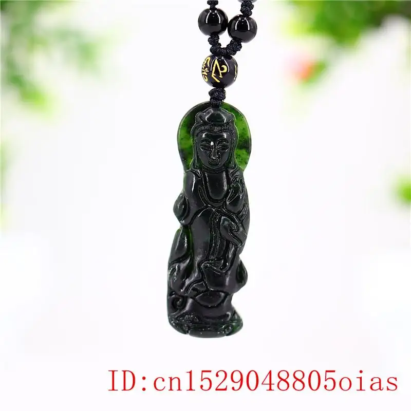 Jade Guanyin Vedhæng Skåret Charme Halskæde Kinesiske Amulet Smykker Mode Naturlige Gaver Sort Grøn