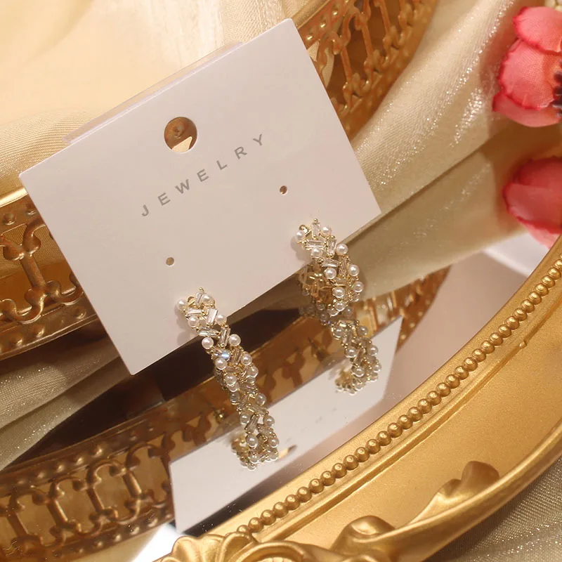 Japan og Sydkorea nyt design, mode smykker-C-type simpel temperament kobber indlagt zircon hvid perle kvindelige øreringe