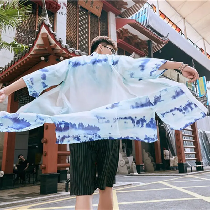 Japansk Kimono Cardigan Mænd 2019 Streetwear Lang Skjorte Mandlige Boho Asiatisk Tøj Stranden Toppe om Sommeren Yukata Kimonoer Lejligheder FF2171