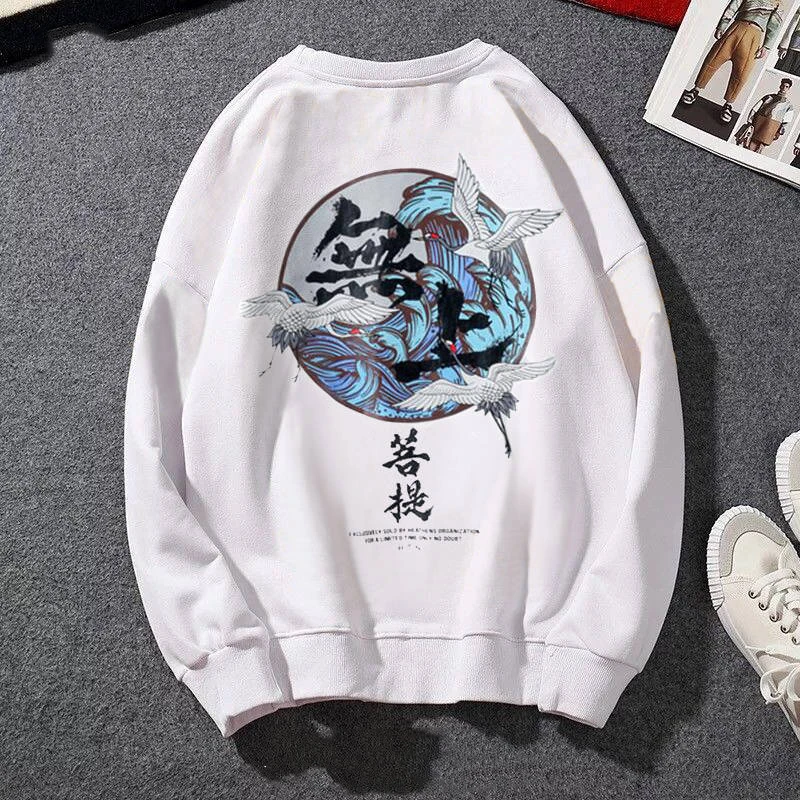Japansk Sjove Kat Bølge Trykt Fleece Hættetrøjer Vinter Japan Style Hip Hop Afslappede Sweatshirts Ghost Kinesiske Charater Streetwear