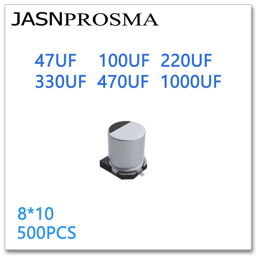 JASNPROSMA 500PCS 8*10 47UF 100UF 220UF 330UF 470UF 1000UF 6.3 V 10V 16V 25V 35V 50V 63V SMD 8x10 Aluminium elektrolytisk kondensator