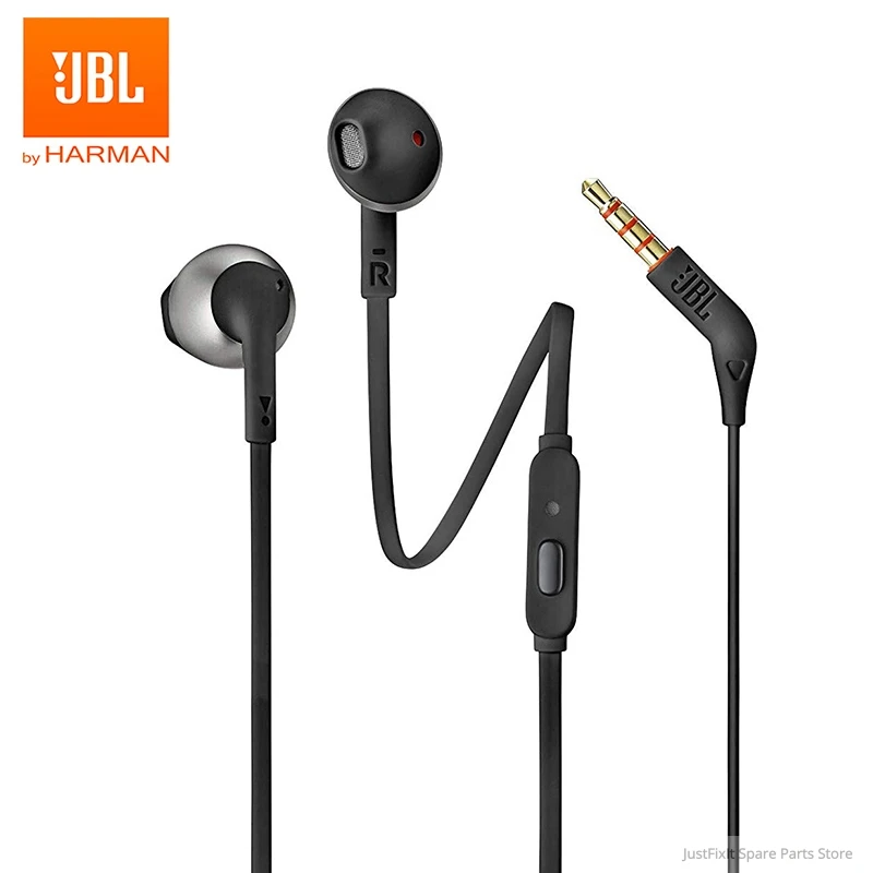 JBL T205A Hovedtelefoner 3,5 mm Kabel Stereo Musik Ørestykker I-øret HIFI Sport Headset 1-knap Hands-free Opkald med Mikrofonen