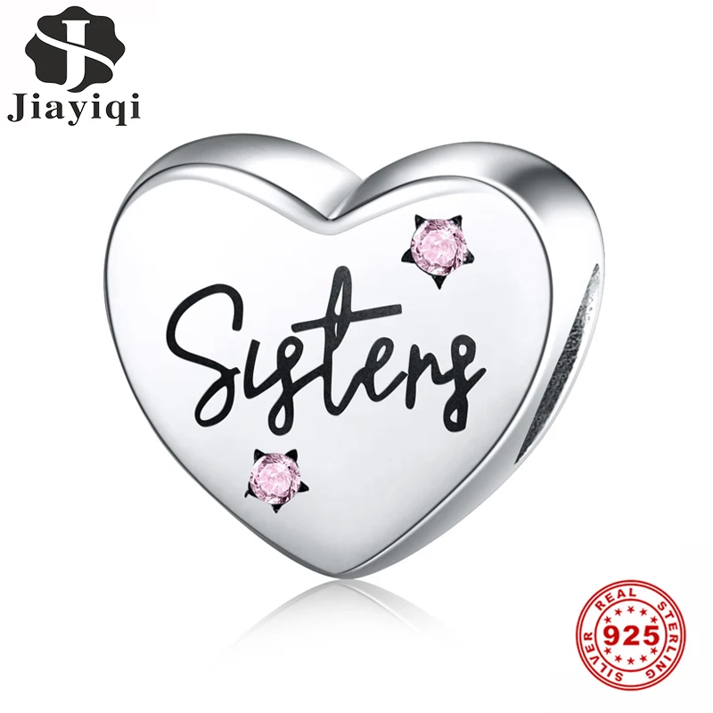 Jiayiqi Luksus 925 Sølv Smykker Søster hjerteformet Fordybning Pink Zircon 925 Sterling Sølv Perler Til Armbånd Charms Kvinder DIY