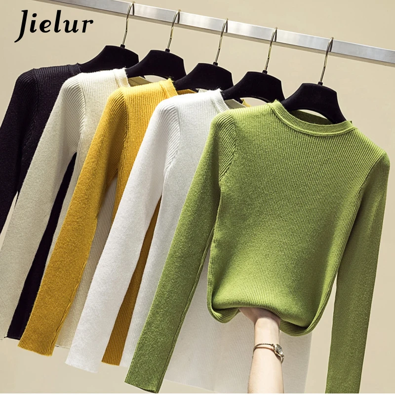 Jielur Trøjer, Efterår, Vinter Farve Trække Femme O-hals Trøjer koreanske 10 Farver Strikket Pullover Slim-fit Sweater