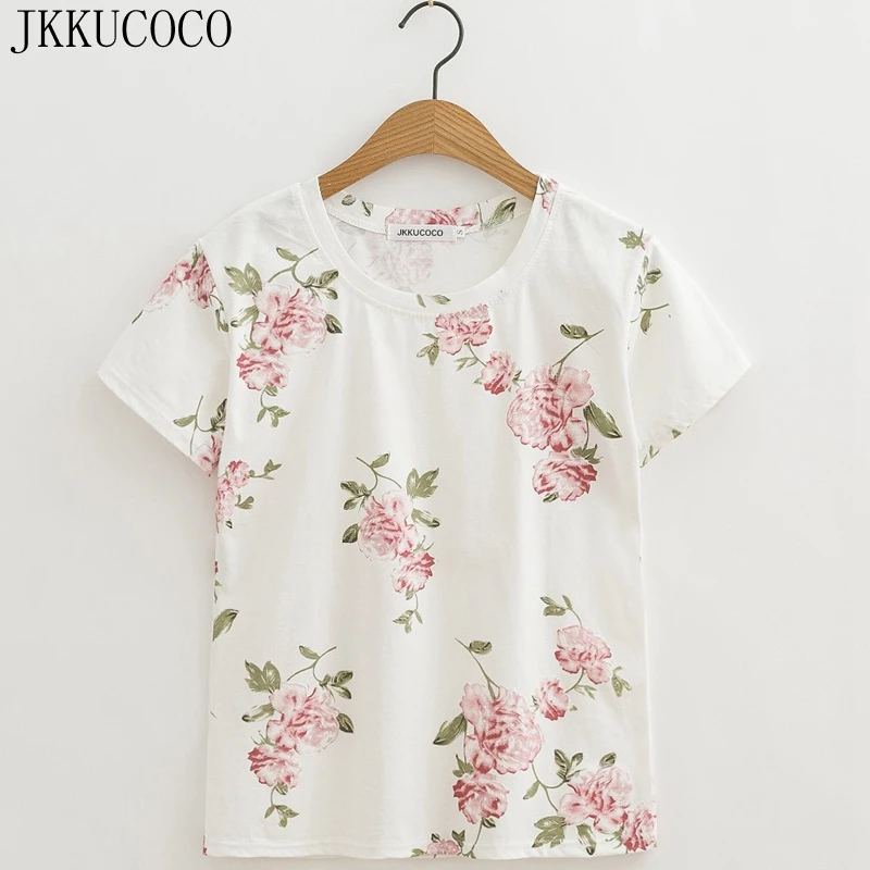 JKKUCOCO Nyeste stil, flot Print Pink Blomster T-shirt Kvinder t-shirt med Korte Ærmer O-hals Sommer t-shirt til Kvinder toppe hot tee XS-XL