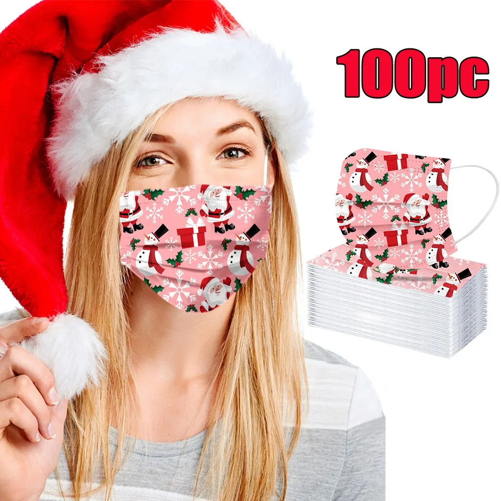 Jul Pink Engangs Unisex Udskriver Jul Bløde Masker Voksen 3-Lags Ørebøjle Dsutproof Ansigtsmasker Masque Mascarilla Søde#