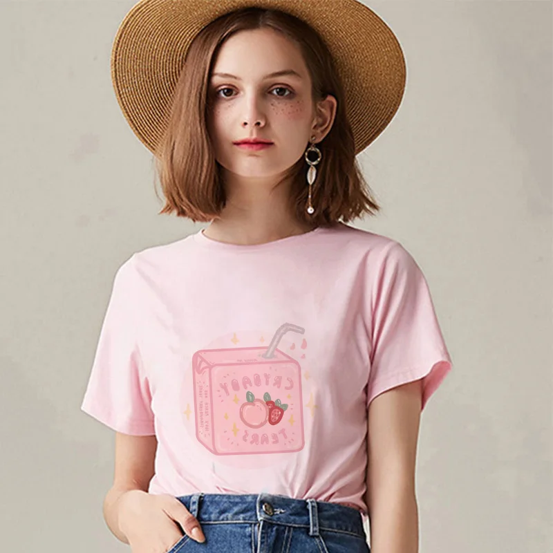 Kawaii Pink Sommeren Afslappet Tumblr Tøj, Mode Toppe Tegnefilm Fersken Juice Japanses Æstetiske Grunge T-shirt Kvinder Harajuku Søde piger