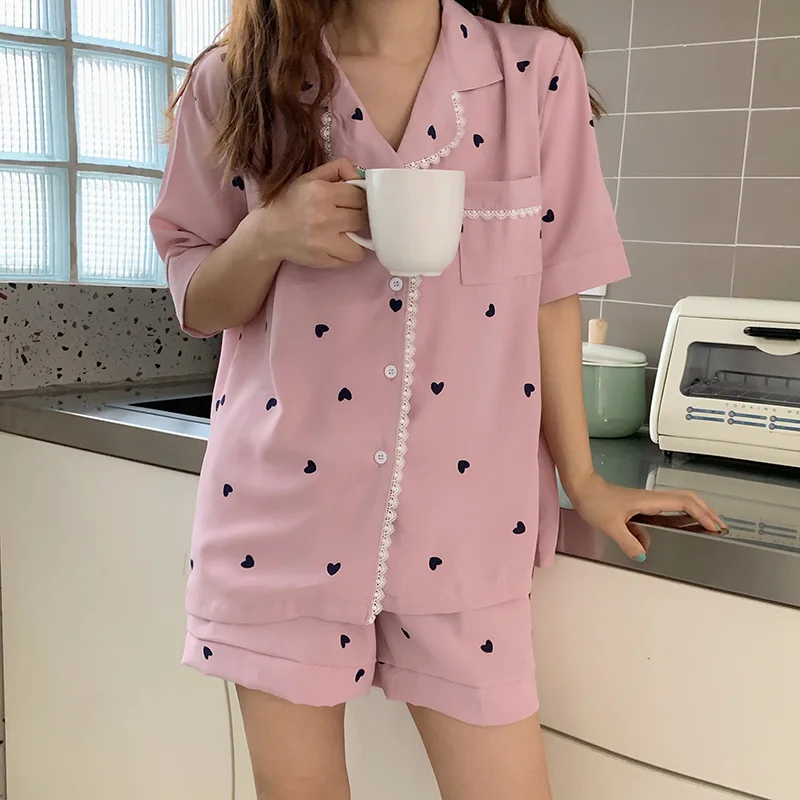 Kawaii Sød Sommer Pyjamas Sæt Kvinder Kærlige Hjerte Print Hjem Tøj Revers Lomme Blonder Bomuld Nattøj Blødt To-Delt Sæt S925