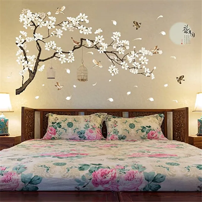 Kinesisk Stil Hvide Blomster Sort Træ og Flyvende Fugle Wall Stickers Flytbare DIY Væg Kunst, Indretning Decals Vægmalerier til Hjem Vægge