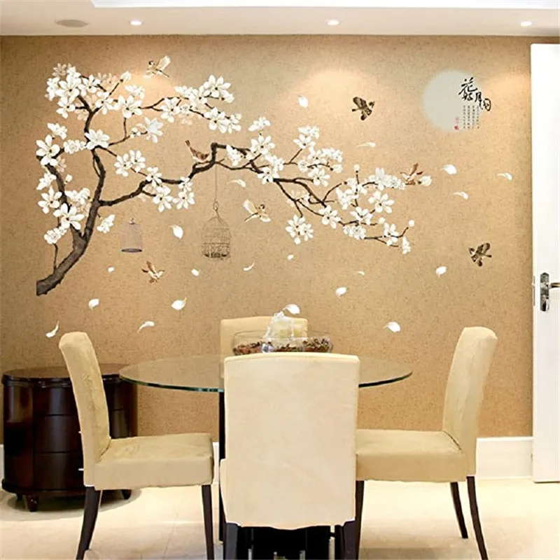 Kinesisk Stil Hvide Blomster Sort Træ og Flyvende Fugle Wall Stickers Flytbare DIY Væg Kunst, Indretning Decals Vægmalerier til Hjem Vægge
