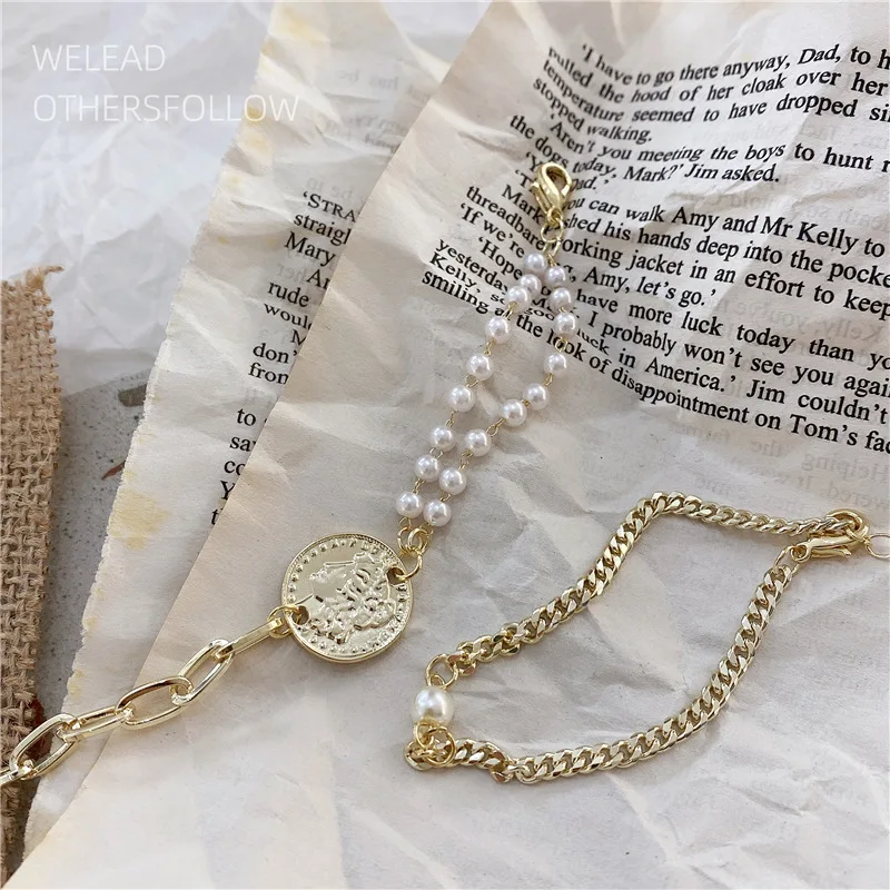 Koreanere barok 18k guld uregelmæssige design perle kæde & geometriske chunky armbånd vintage mønt-vedhæng tyk kæde armbånd