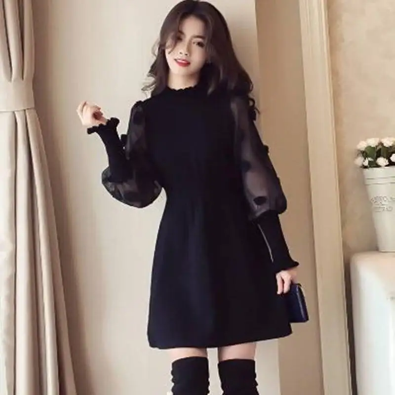 Koreanere Foråret Lanterne Ærme Blonde Kjoler Kvinder Sort Kludetæppe Sød Elegant Kjole Plus Size Løs Kawaii Kvinde Tøj