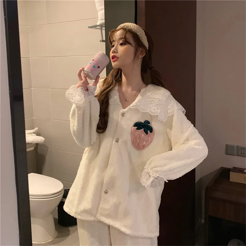 Koreanere jordbær pyjamas søde stor revers, to-dragter kvinder home service suit female nattøj nat-tøj til piger L026
