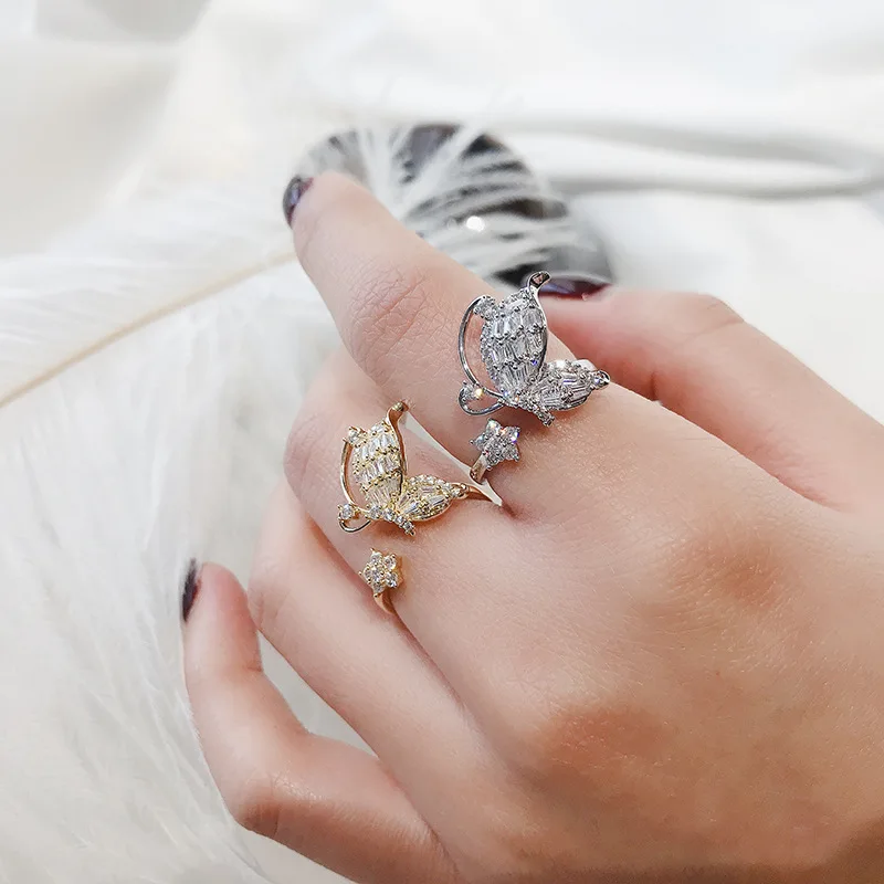 Koreanere nyt design, mode smykker smart fe kobber indlagt zircon sommerfugl blomst åbning justerbar kvindelige prom party ring