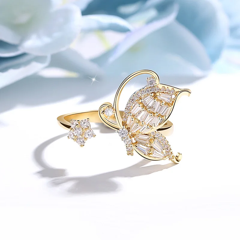 Koreanere nyt design, mode smykker smart fe kobber indlagt zircon sommerfugl blomst åbning justerbar kvindelige prom party ring