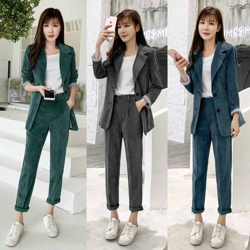 Koreanere S-XL Plus Size Fløjlsbukser Efteråret Blazer til Kvinder, der Passer Lang Blazer Frakke+Knappen Blyant Bukser, To-delt Sæt Tøj Foråret 2020