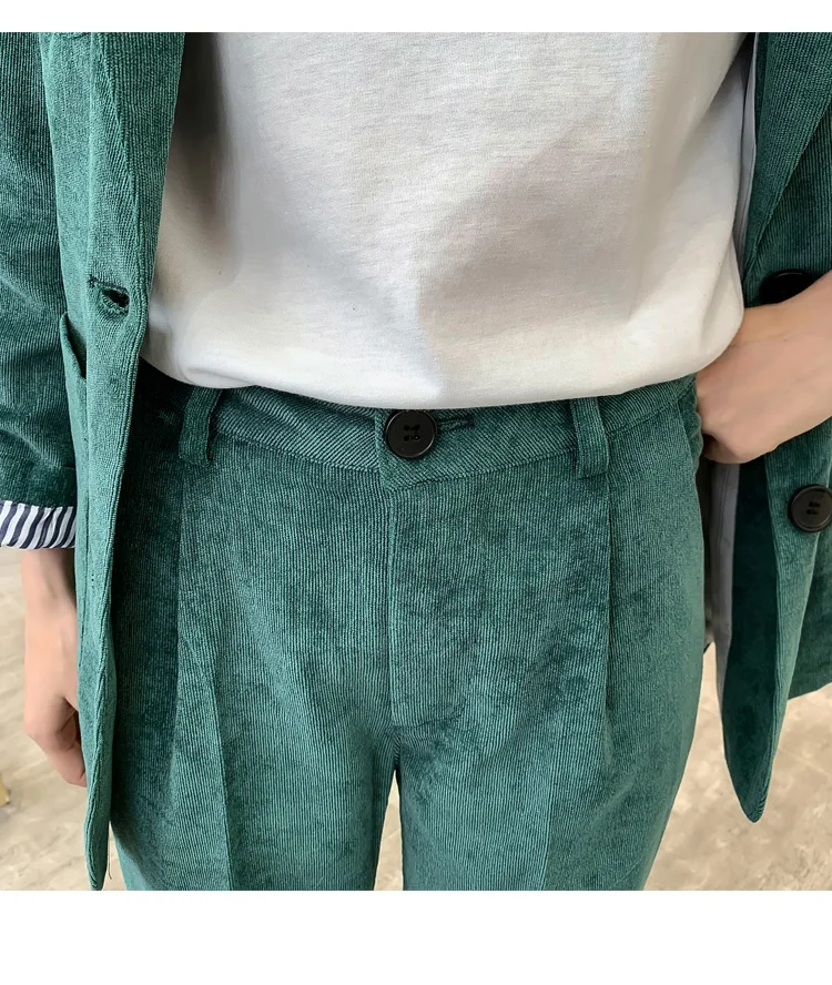 Koreanere S-XL Plus Size Fløjlsbukser Efteråret Blazer til Kvinder, der Passer Lang Blazer Frakke+Knappen Blyant Bukser, To-delt Sæt Tøj Foråret 2020