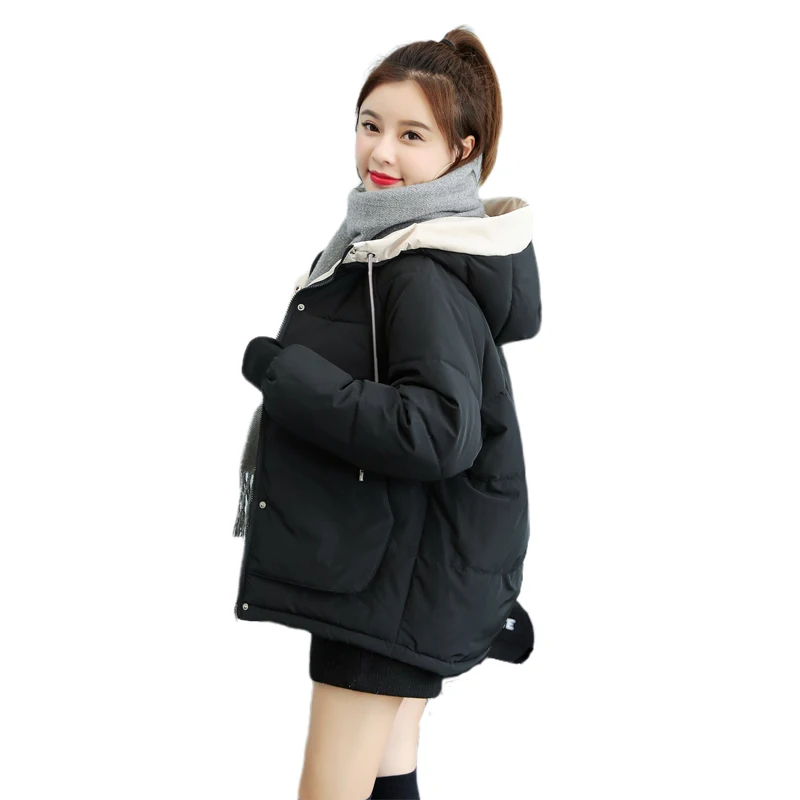 Koreansk stil vinter overdimensioneret sort parkacoats for kvinders afslappet tyk outwear hætteklædte tyk solidt lag feminina gratis fragt