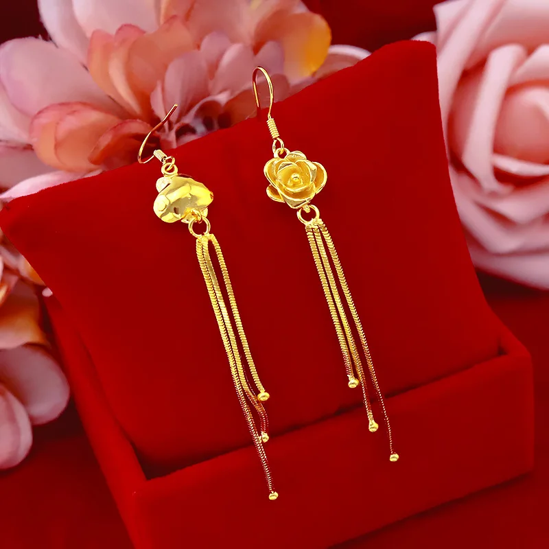 Koreanske Kvinder 14K Guld Dråbe Øreringe med Lang Kvast øreklips Gule Rose Blomster Øreringe til Kvindelige Kæreste Fødselsdag Gaver