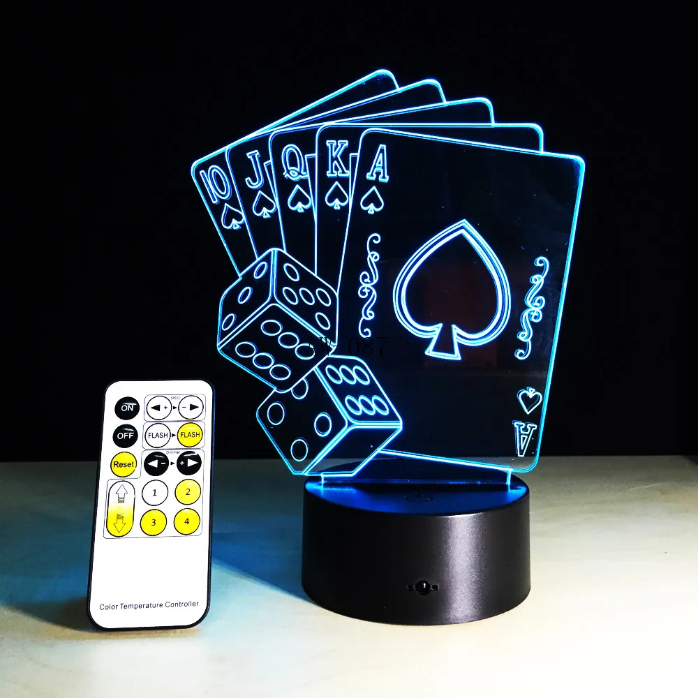 Kreative 3D-LED-Lampe Tryllekunstner Dekoration TEXAS HOLD EM Terninger Poker Spar Spille Kort 7 Farver Skiftende RC Nat Lys, Xmas 87