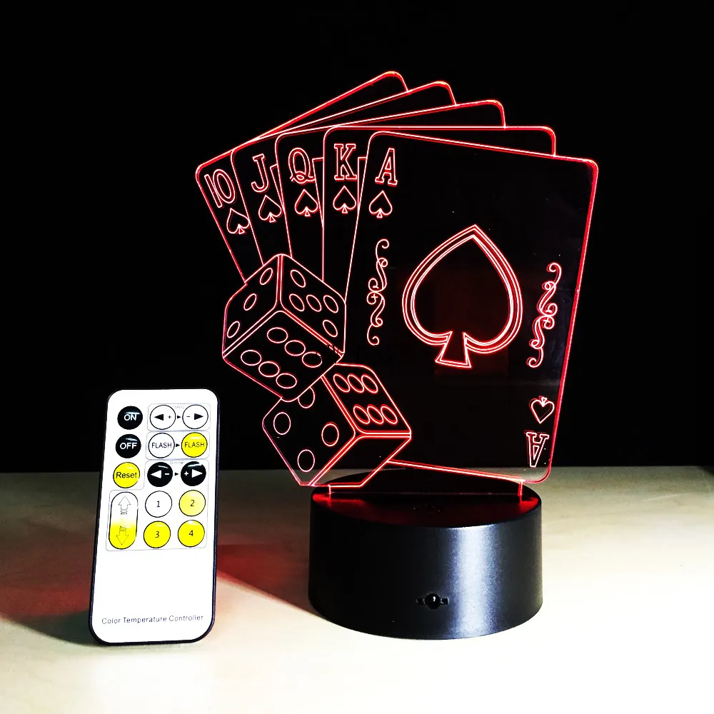 Kreative 3D-LED-Lampe Tryllekunstner Dekoration TEXAS HOLD EM Terninger Poker Spar Spille Kort 7 Farver Skiftende RC Nat Lys, Xmas 87