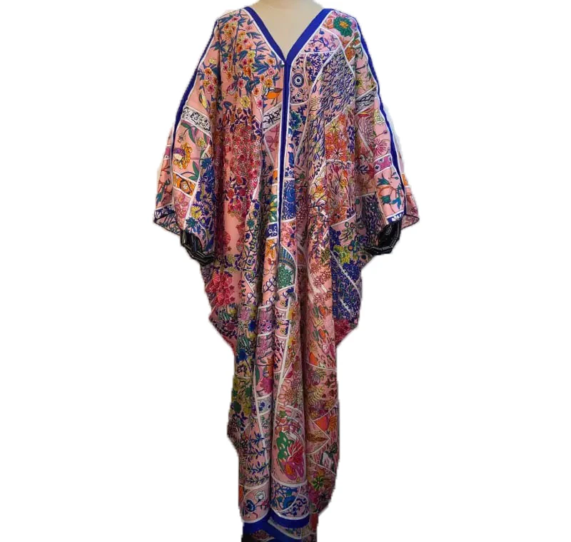 Kuwait Populære V-hals Trykt 130*130 størrelse Silke Kaftan Maxi kjole Sexet Aften part dame Boheme-kaftan lange kjoler til kvinder