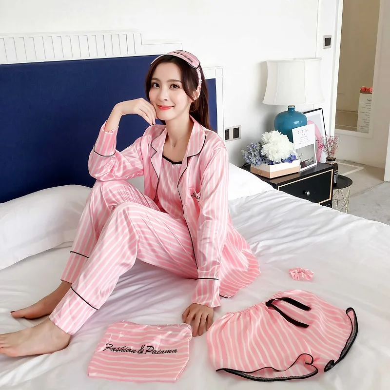 Kvinder 7 stykker Pink pyjamas sæt satin silke lingeri, homewear nattøj pyjamas sæt pijamas kvindelige stribe printed Nattøj passer til