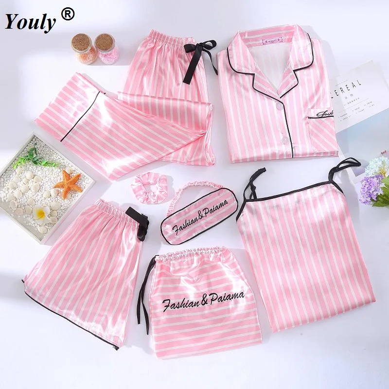 Kvinder 7 stykker Pink pyjamas sæt satin silke lingeri, homewear nattøj pyjamas sæt pijamas kvindelige stribe printed Nattøj passer til