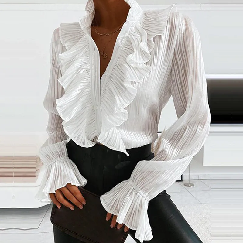 Kvinder Elegante Solid Flæse Bluse Shirt 2020 Efteråret Flare Lange Ærmer V-Hals Pullover Toppe Kontor Dame Casual-Knappen blusa