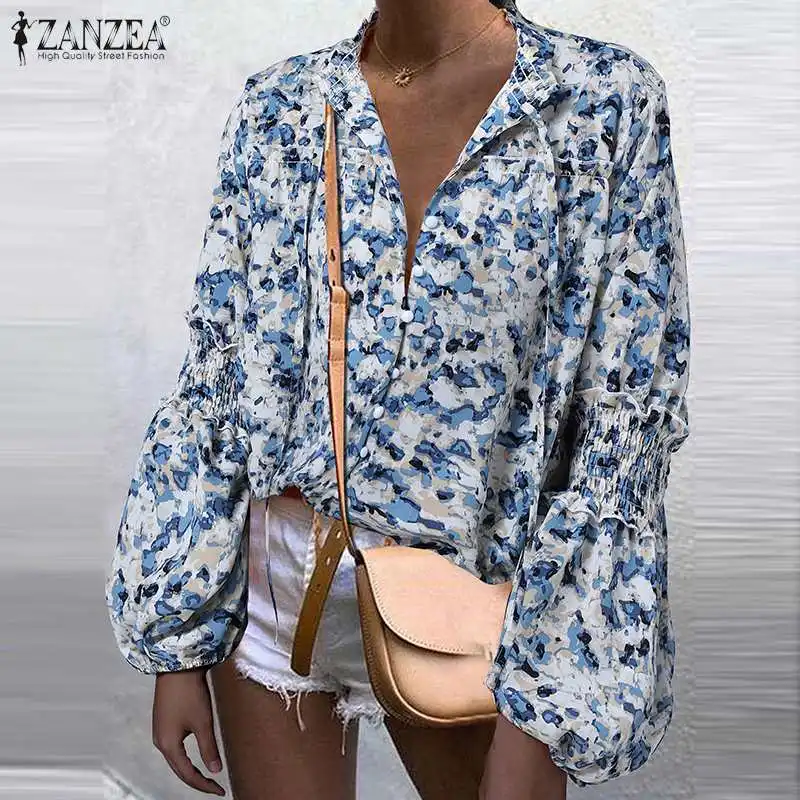 Kvinder Foråret Efteråret Bluse ZANZEA Mode Rullekrave bedste Kvindelige Elegant Lanterne Ærme Blusa Blomstret Print, snøre Shirt i Overstørrelse