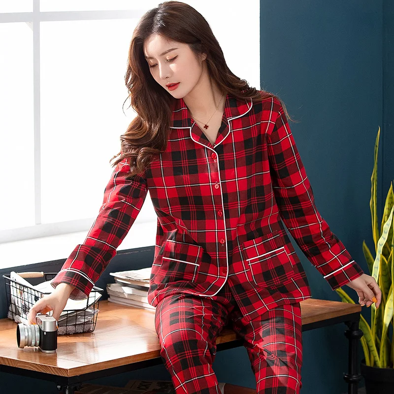 Kvinder Plaid Nattøj Passer til Efteråret Festlig Rød langærmet Prinsesse Pyjamas Casual Cardigan Homewear Plus Størrelse M-3XL Pijama Mujer