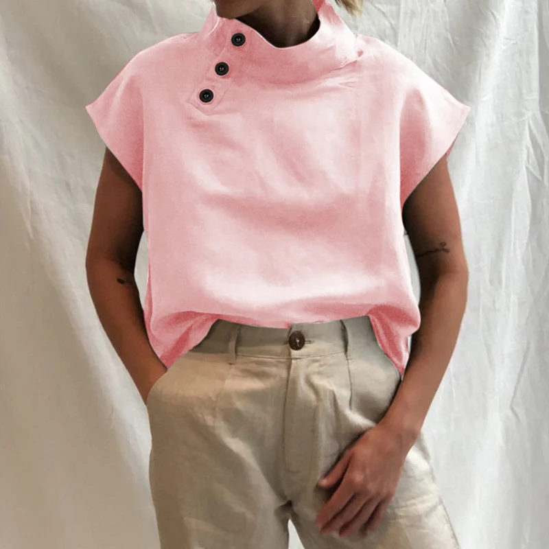 Kvinder Plus Size Ensfarvet Bluse Shirts Elegante Kortærmet Pullover Toppe Damer Vintage-Knappen, Casual Løs Streetwear Blusa