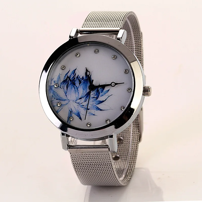 Kvinder Se Stor Urskive Rustfrit Stålnet Bælte Mode Relojes Para Luksus Lotus Mønster Mekaniske Armbåndsure Reloj Mujer Relogio