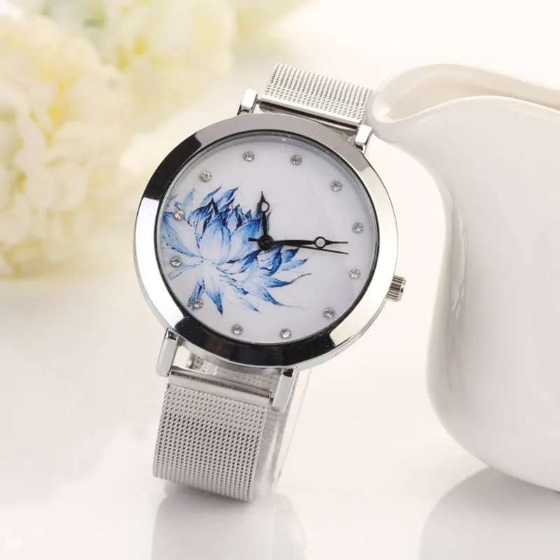 Kvinder Se Stor Urskive Rustfrit Stålnet Bælte Mode Relojes Para Luksus Lotus Mønster Mekaniske Armbåndsure Reloj Mujer Relogio