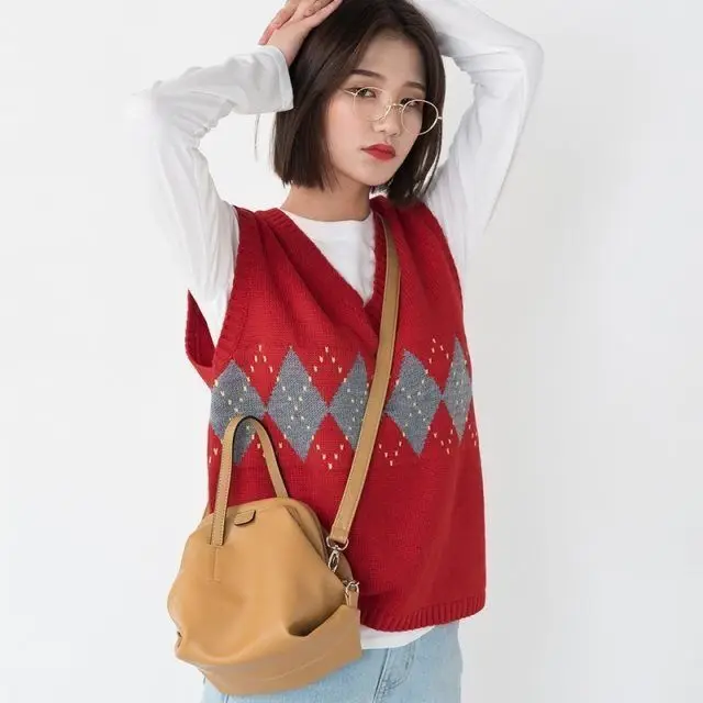 Kvinder Sweater Vest Efteråret 2020 Koreansk Stil Vintage Geometriske Argyle V Neck Pullover Uden Ærmer Strikket Jumper Tank Tops T360